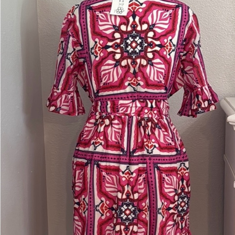 Pink Patterned Short-Sleeve Ruffled Dress - Picture 6 of 16